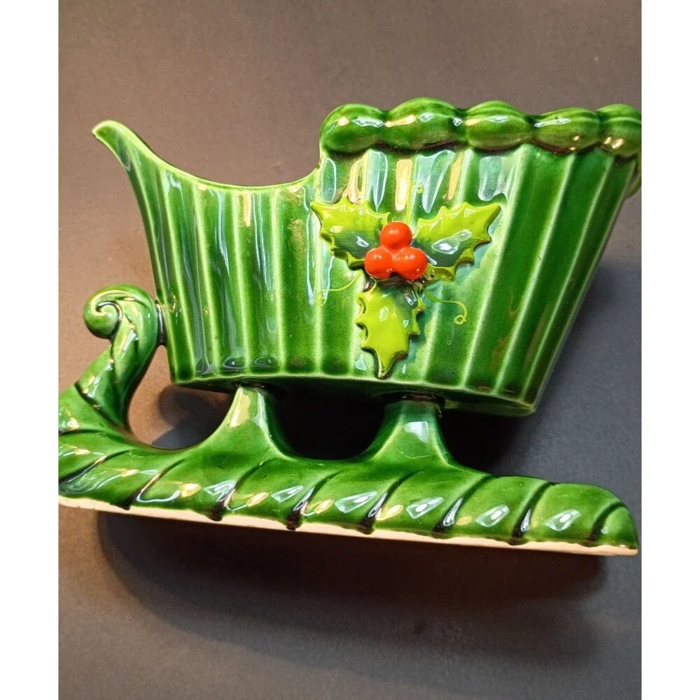 Vintage Holt Howard Ceramic Green Candle Holder Planter Sleigh, MCM Christmas